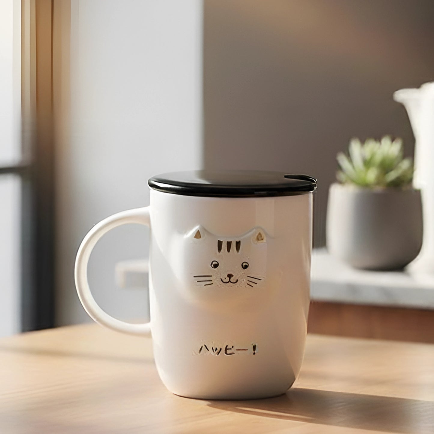 Ceramic Cat Mug with Tea Bag Holder Lid