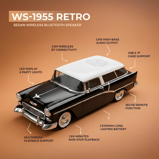 WS-1955 Retro Sedan Wireless Bluetooth Speaker | 10W High-Bass Audio Output Portable BT USB/TF/FM Playback | 1500mAh Rechargeable Battery