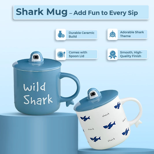 Cute Shark Cartoon Ceramic Coffee Mug with Spoon Lid