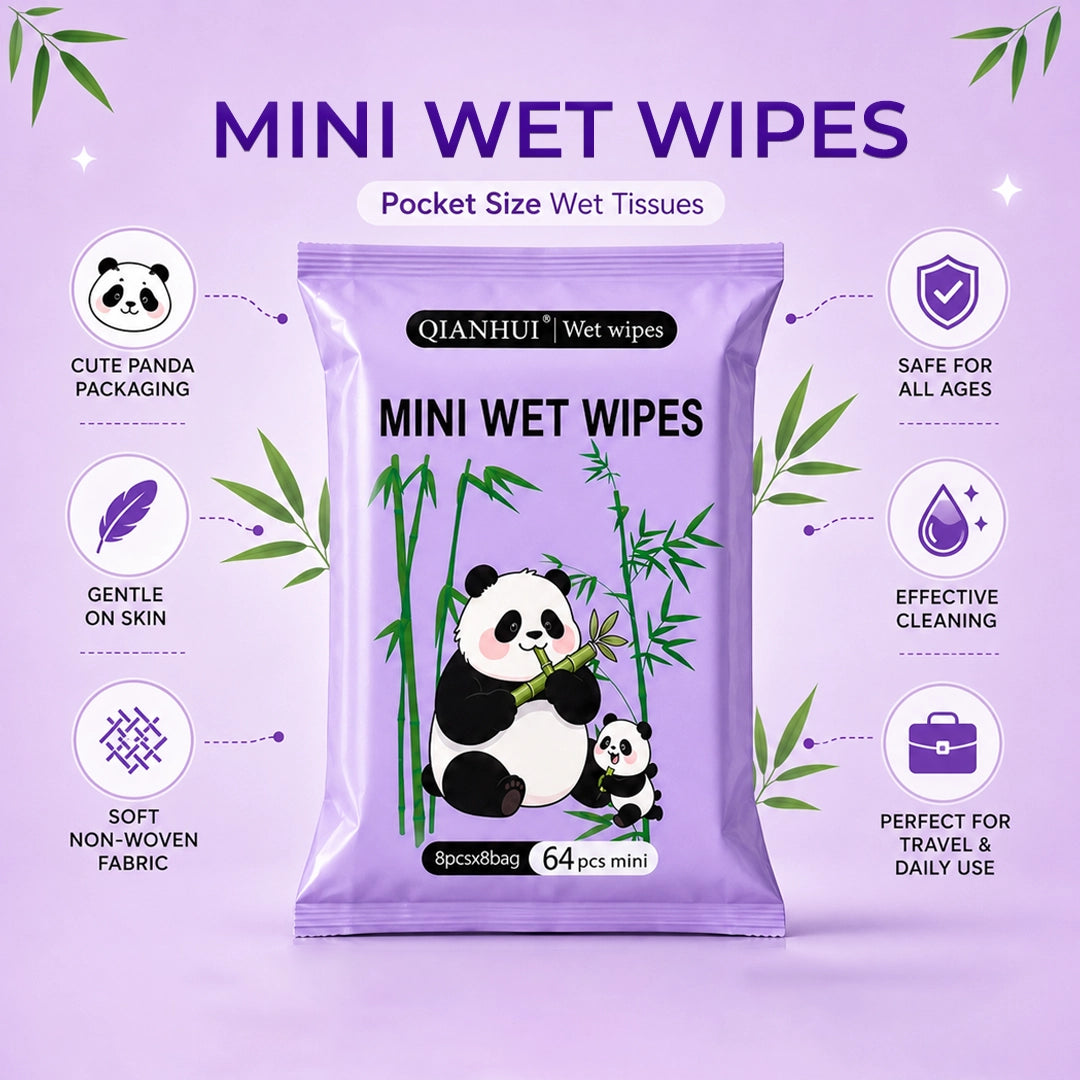 Panda Mini Wet Tissue Wipes | Vitamin E | 64 Small Pcs