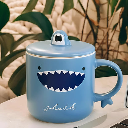 Cute Shark Cartoon Ceramic Coffee Mug with Spoon Lid