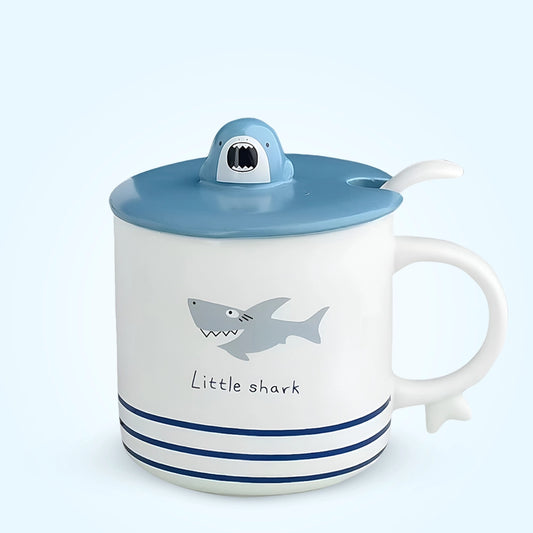 Cute Shark Cartoon Ceramic Coffee Mug with Spoon Lid