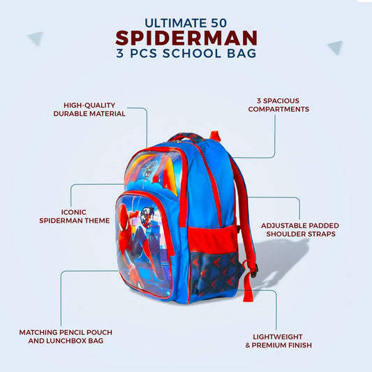 Kids Ultimate 50 Spiderman School Bag | 3 Piece Set