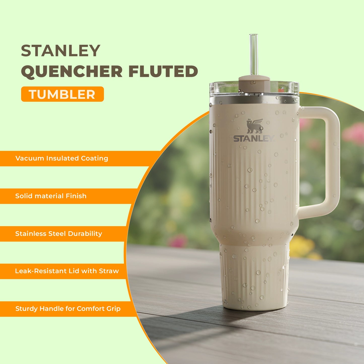 Stanley Quencher Fluted Tumbler with Handle| Vacuum Insulated| Stainless Steel Durability| With Lid and Straw| 1.18 litres