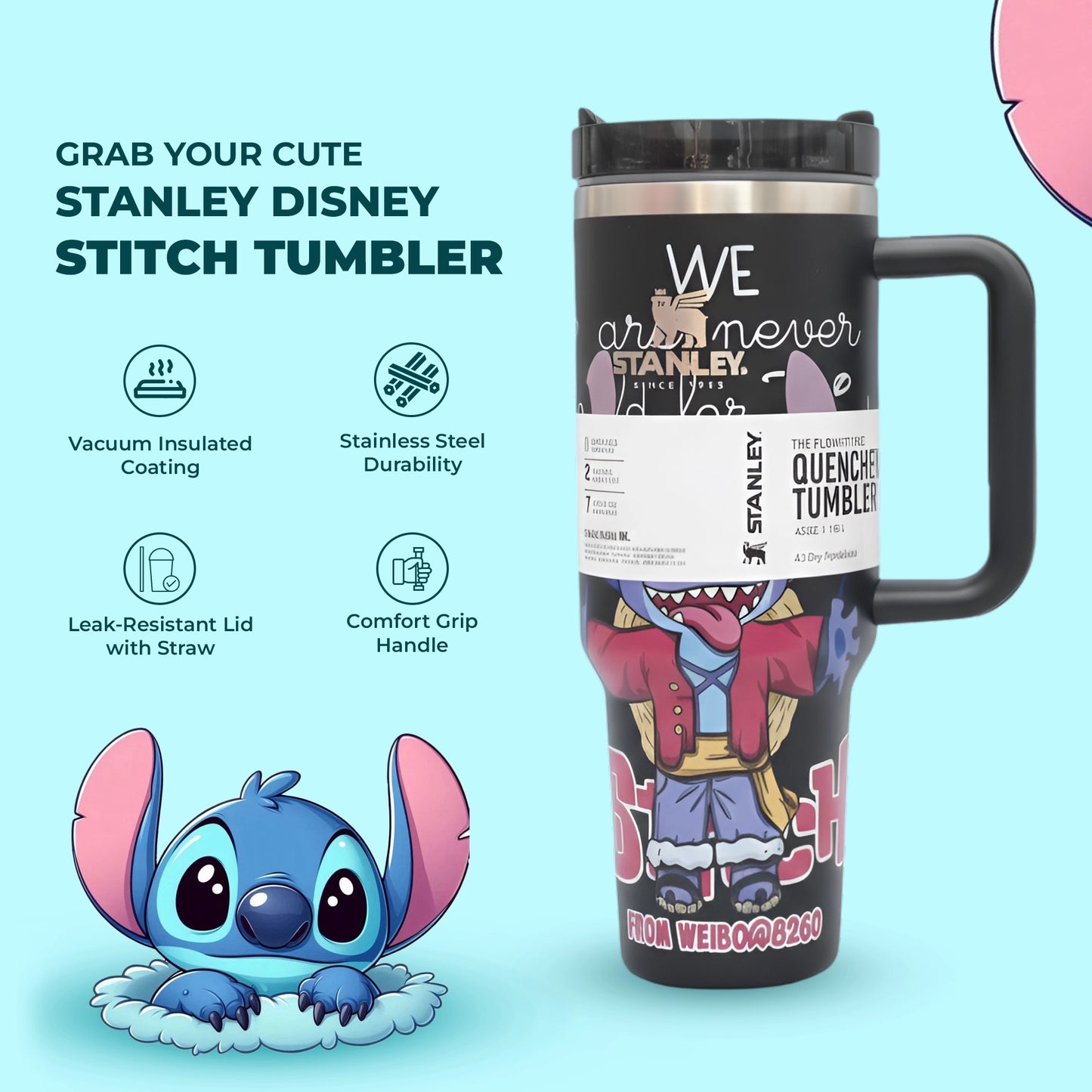 Stanley Disney Stitch Printed Tumbler with Lid and Straw| Vacuum Insulated for Temperature Retention| 40 oz (1.18 litres)