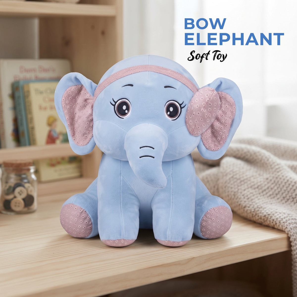Blue Bow Elephant Soft Toy for Kids | 60 cm