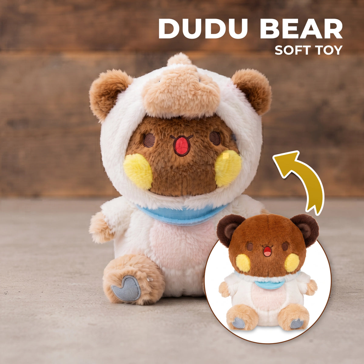 Dudu Bear Plush Toy with Fluffy White Hood | 35 cm