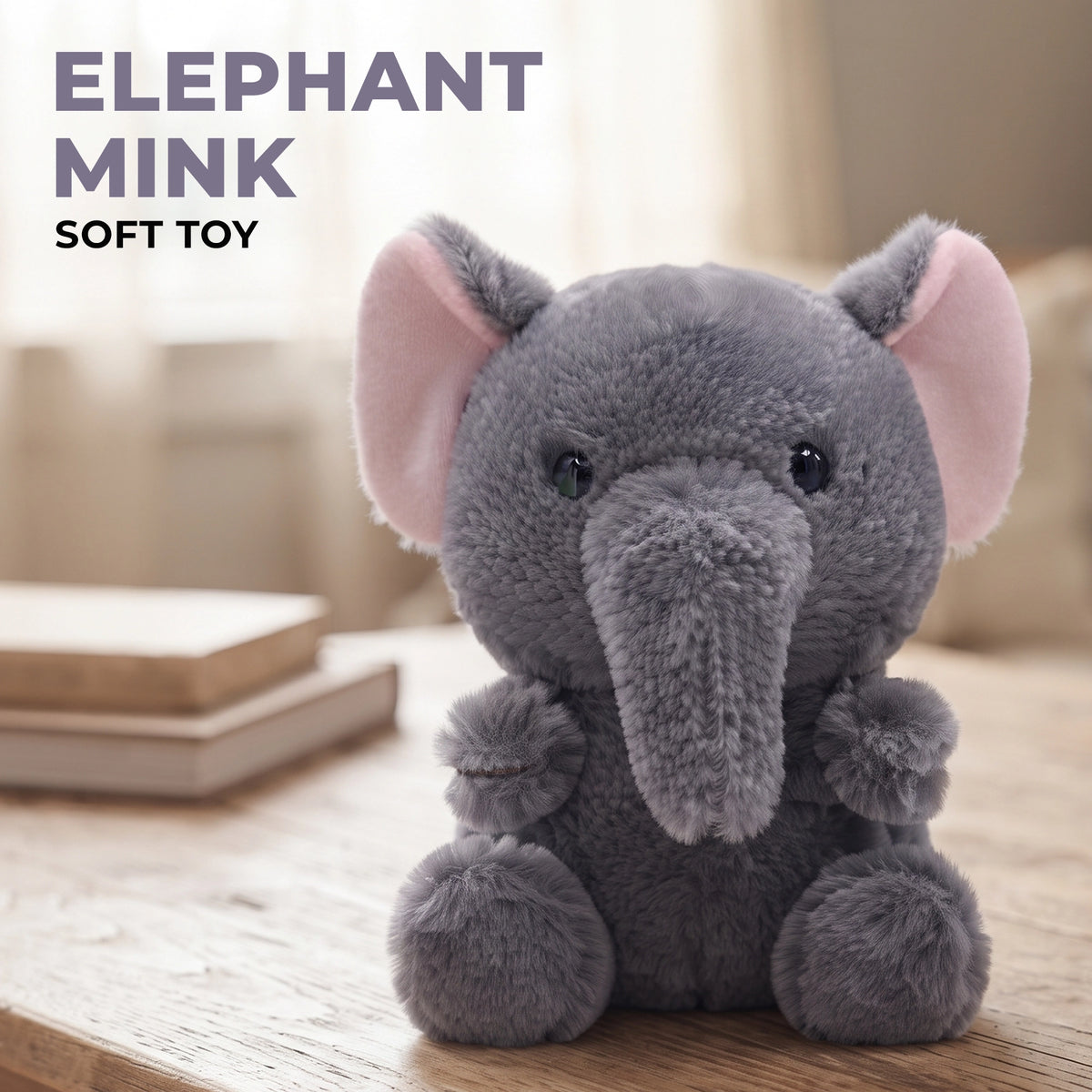 Grey Elephant Mink Soft Toy with Pink Ears | 25 cm