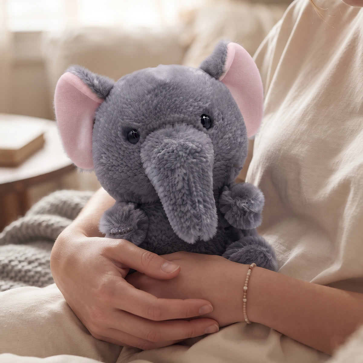 Grey Elephant Mink Soft Toy with Pink Ears | 25 cm