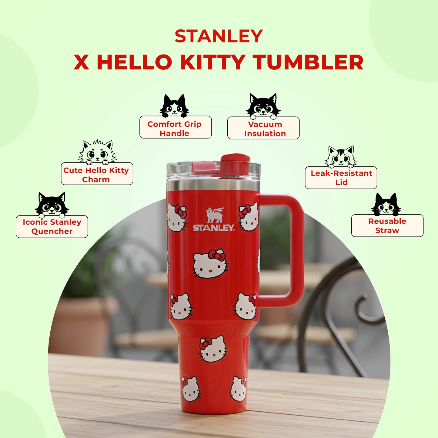 Stanley Cute Hello Kitty Tumbler | Vacuum Insulated | With Leak-Proof Lid and Reusable Straw |1.18 Litres