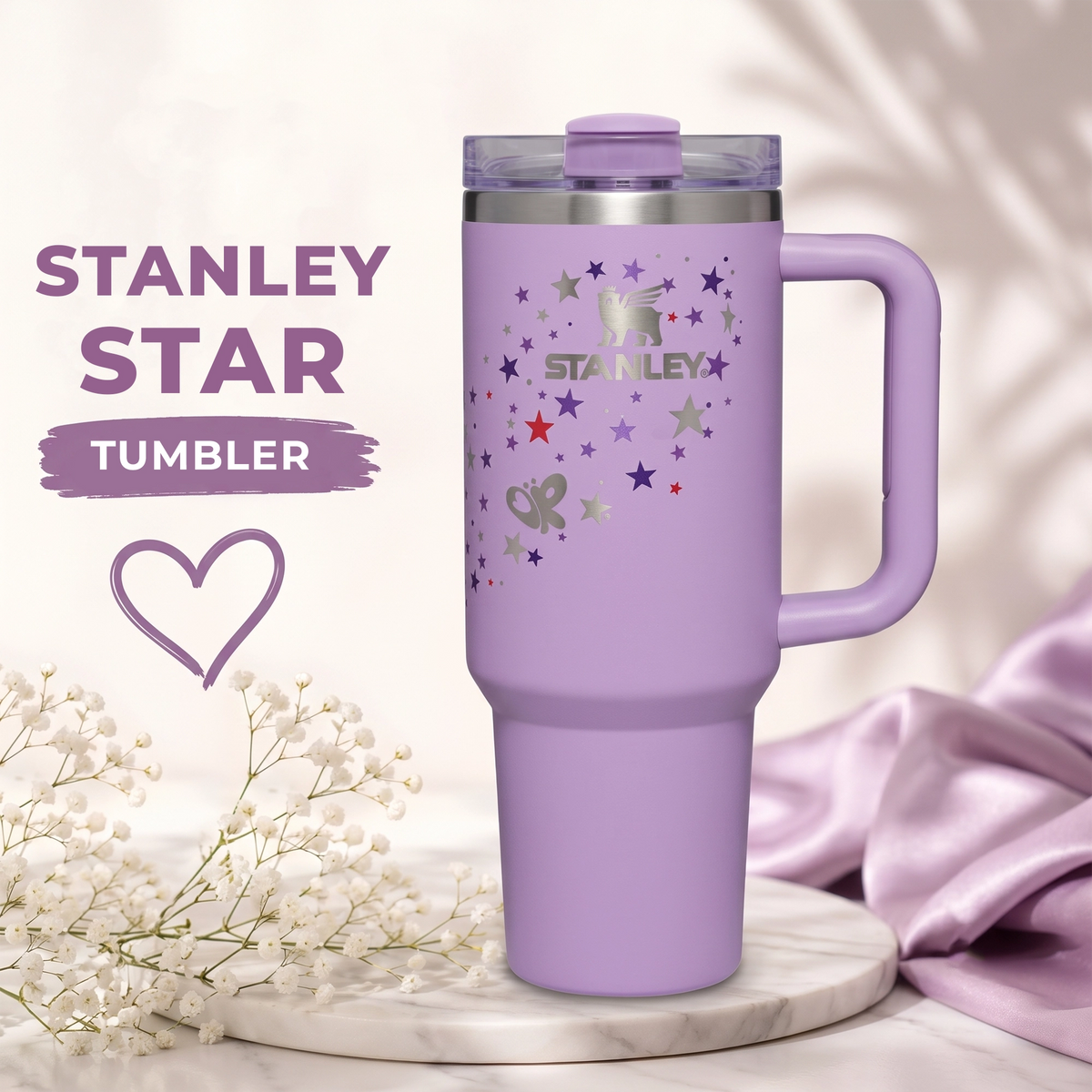 Stanley Star Tumbler 40 Oz | Purple Star Print | Stainless Steel | Insulated Design with Handle, Lid & Straw
