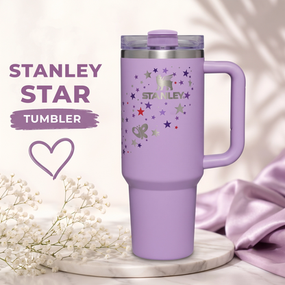 Stanley Star Tumbler 40 Oz | Purple Star Print | Stainless Steel | Insulated Design with Handle, Lid & Straw