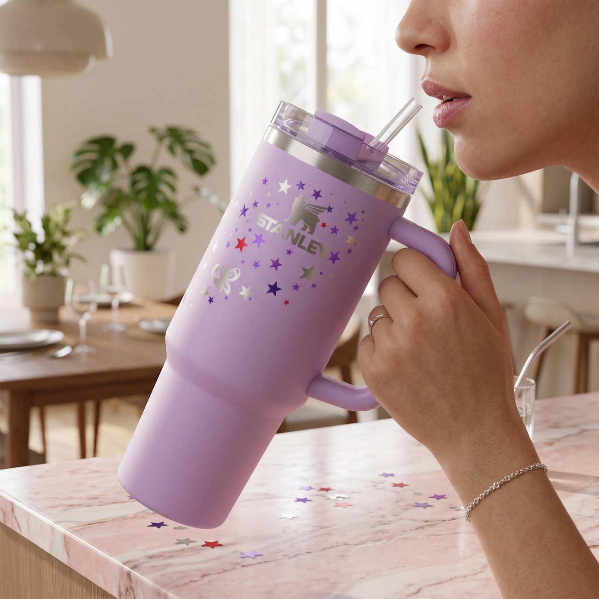 Stanley Star Tumbler 40 Oz | Purple Star Print | Stainless Steel | Insulated Design with Handle, Lid & Straw