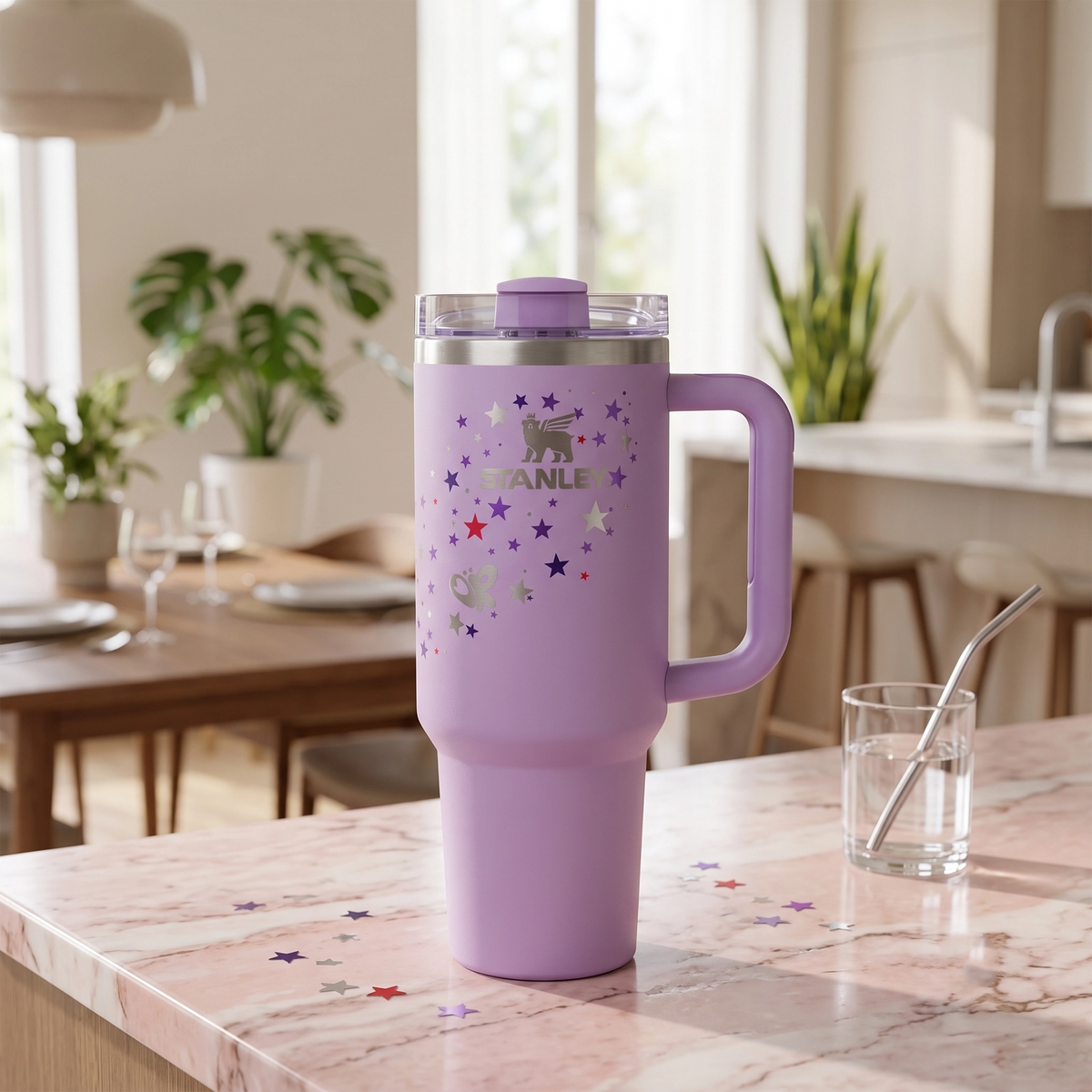 Stanley Star Tumbler 40 Oz | Purple Star Print | Stainless Steel | Insulated Design with Handle, Lid & Straw
