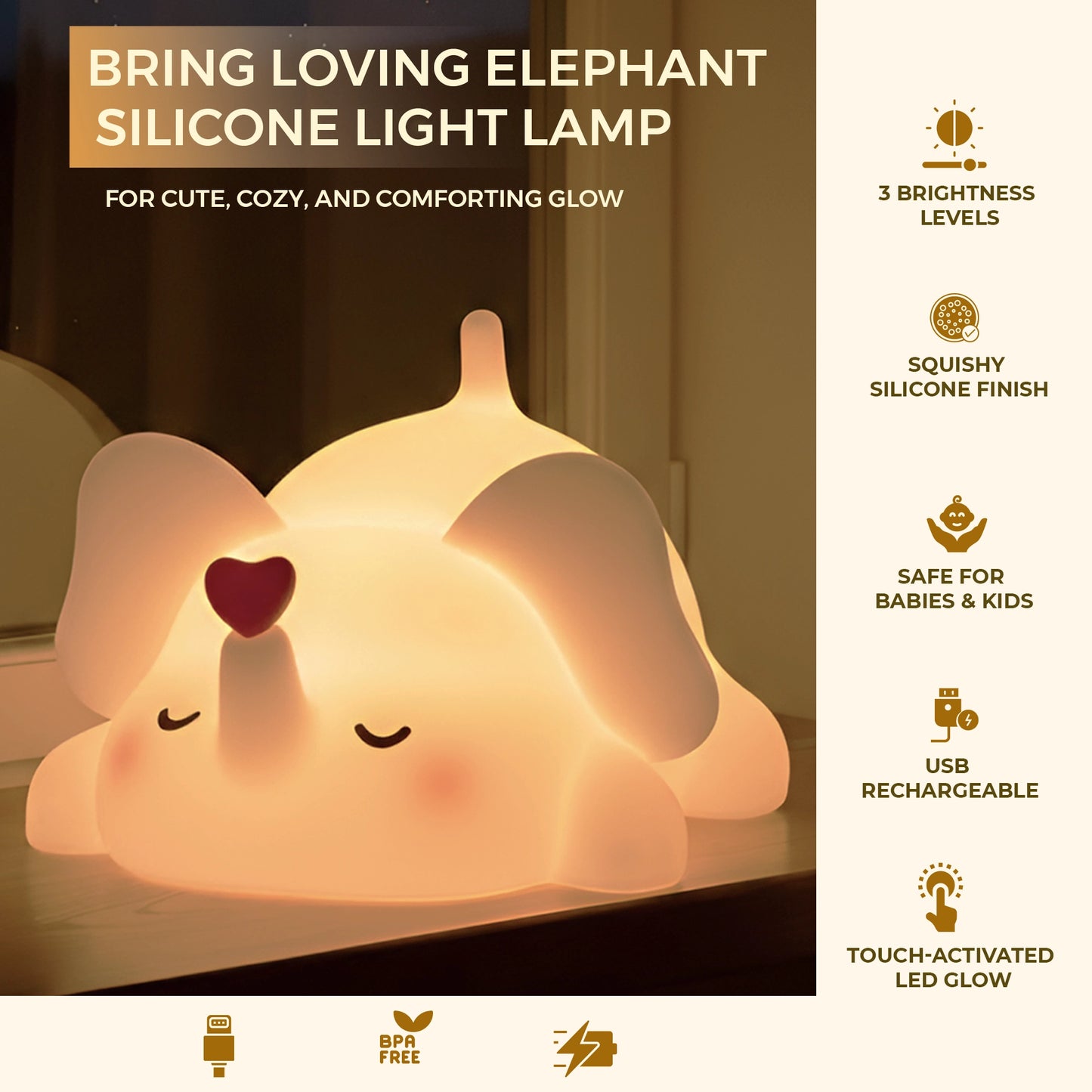 Loving Elephant Night Lamp | Cute Squishy Silicone Light Toy for Babies & Childrens