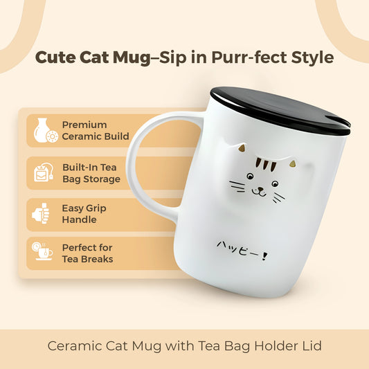Ceramic Cat Mug with Tea Bag Holder Lid