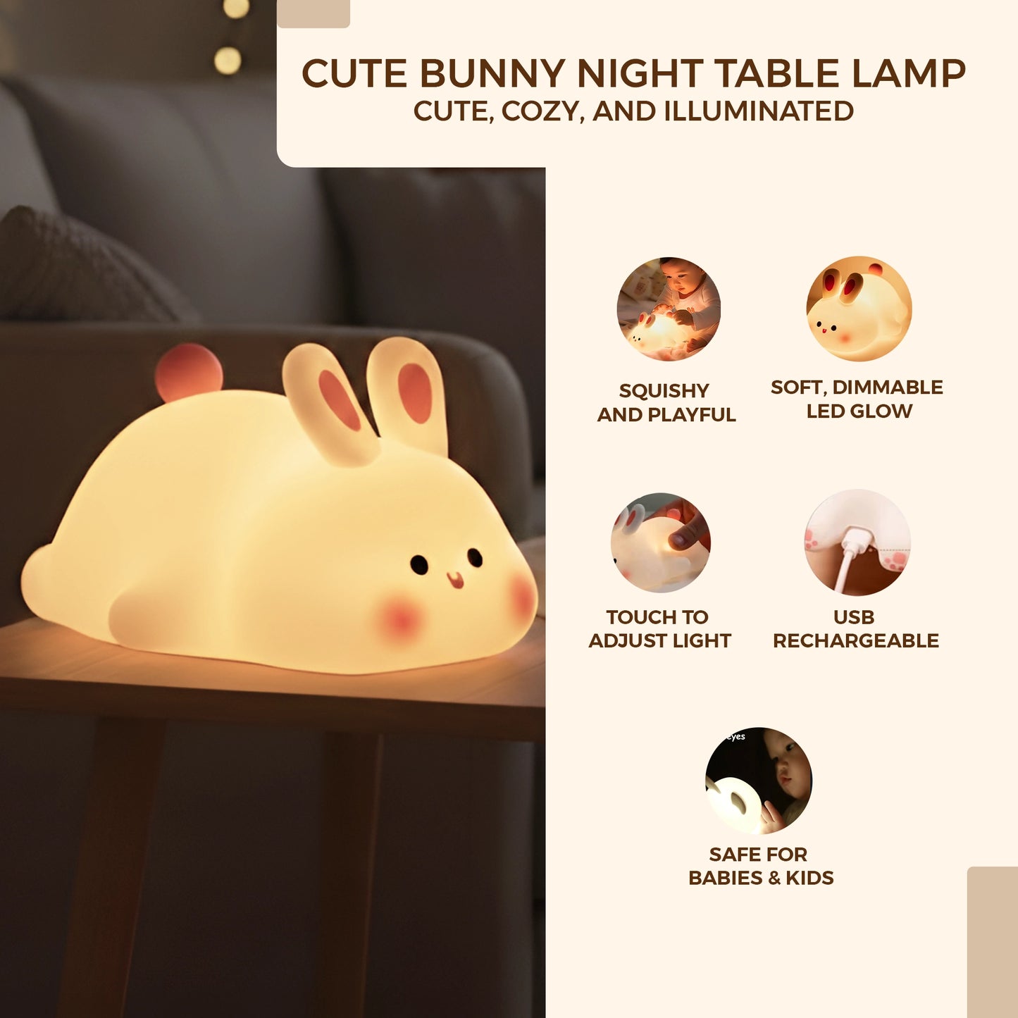 Cute Bunny Silicone Night Lamp | Squishy Rabbit Touch Lamp with 3 Level Dimmable Light | USB Rechargeable