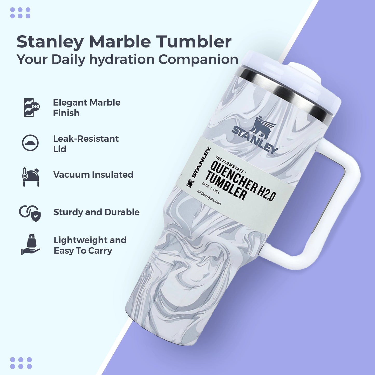 Stanley Marble Tumbler with Leak-Proof Lid and Straw | Vacuum Insulated | For Coffee, Juice | 1.18 Litres