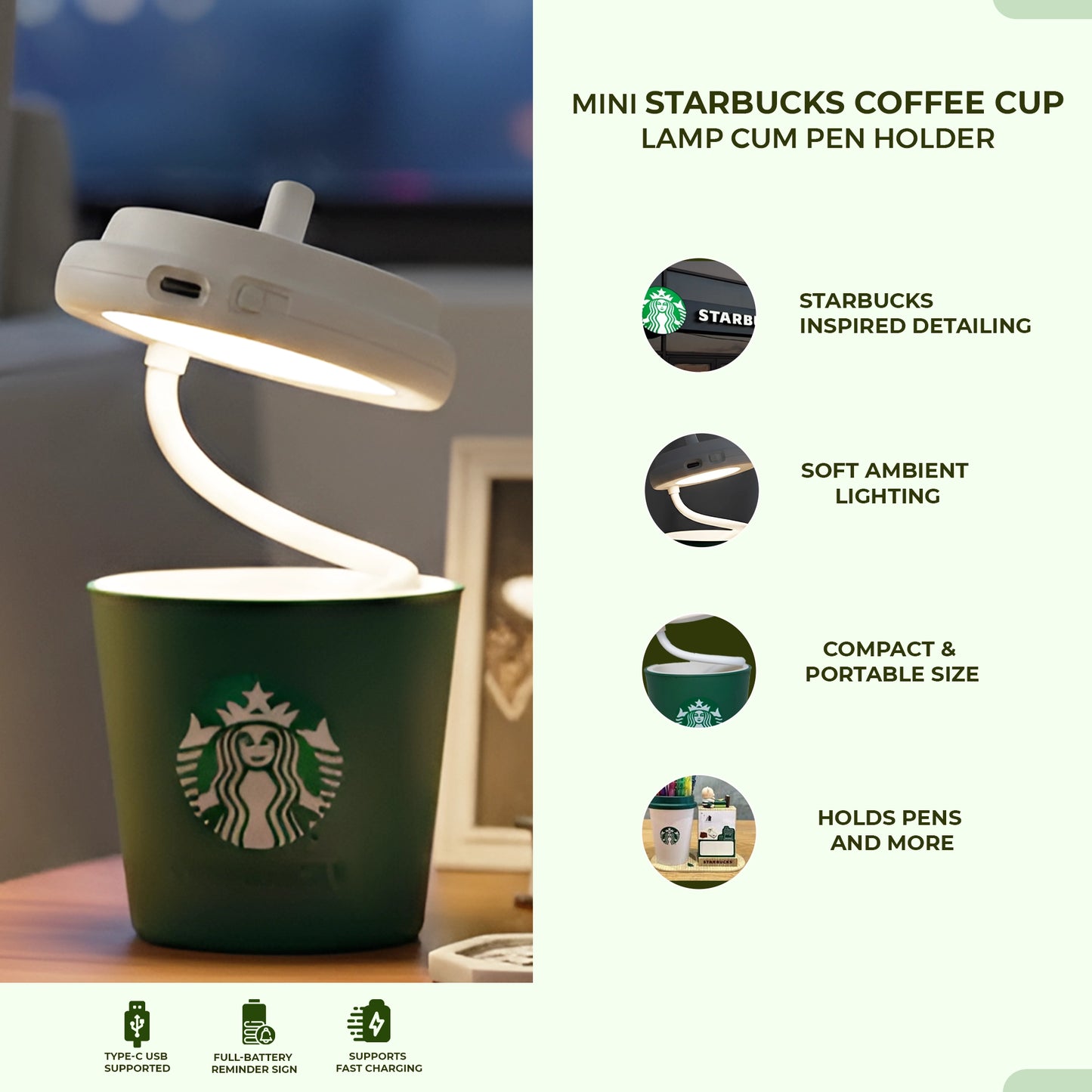 Mini Starbucks Coffee Cup Lamp | USB Rechargeable | Lamp Cum Pen Stand