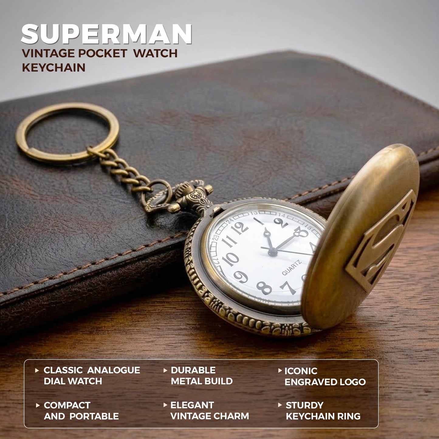 Superman Engraved Vintage Pocket Watch Keychain