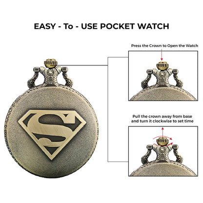 Superman Engraved Vintage Pocket Watch Keychain