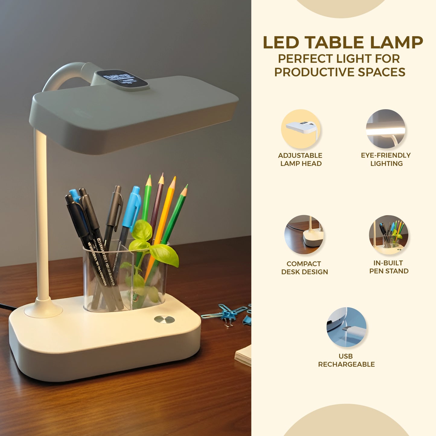 Rechargeable LED Study Lamp with Adjustable Head | In-Built Pen Holder