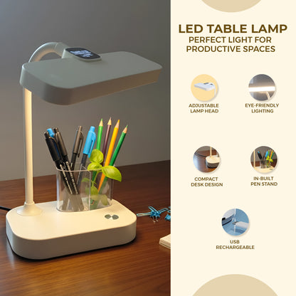 Rechargeable LED Study Lamp with Adjustable Head | In-Built Pen Holder