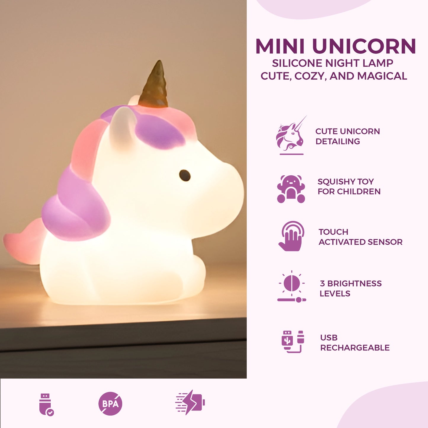 Cute Rainbow Unicorn Silicone Night Lamp | Squishy Dimmable LED Light Toy For Kids