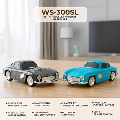 WS-300SL Classic 1960 Mercedes Music Car Bluetooth Speaker | 10W Audio | 1500mAh Battery | FM Radio | LED Display | USB/TF Playback & Selfie Function