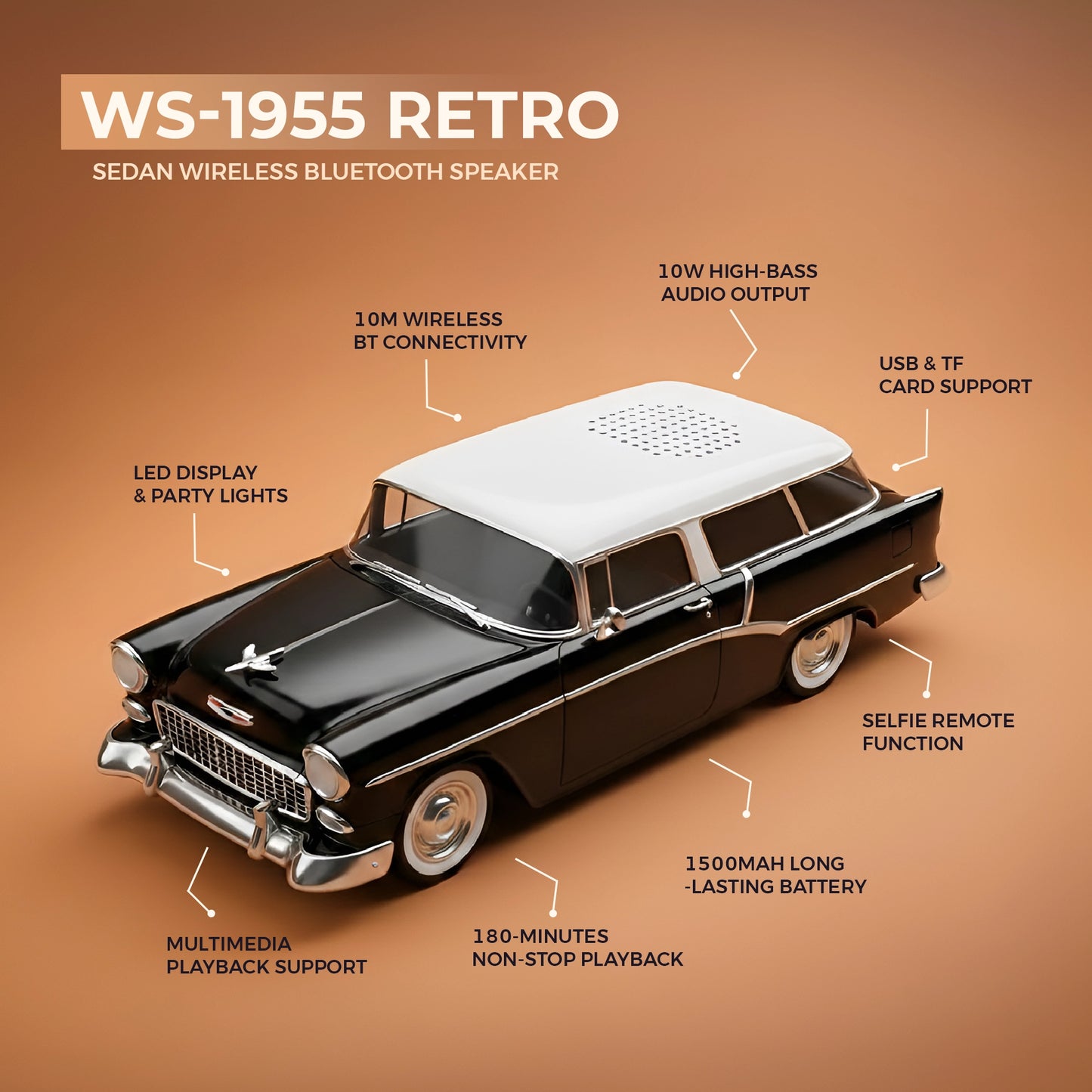 WS-1955 Retro Sedan Wireless Bluetooth Speaker | 10W High-Bass Audio Output Portable BT USB/TF/FM Playback | 1500mAh Rechargeable Battery