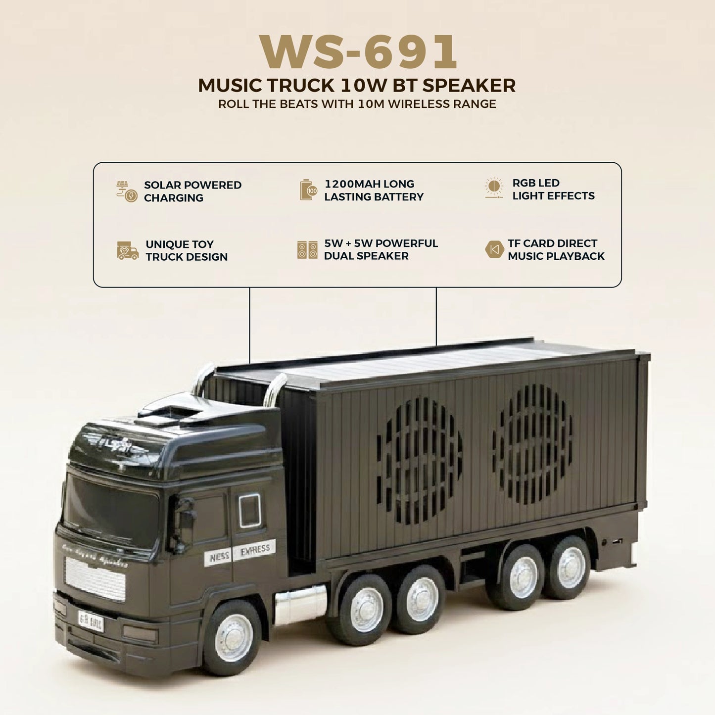 WS-691 Wireless Truck Mini Multimedia Bluetooth Speaker | Solar Powered Charging | 10W Output | 1200mAh Rechargeable Battery