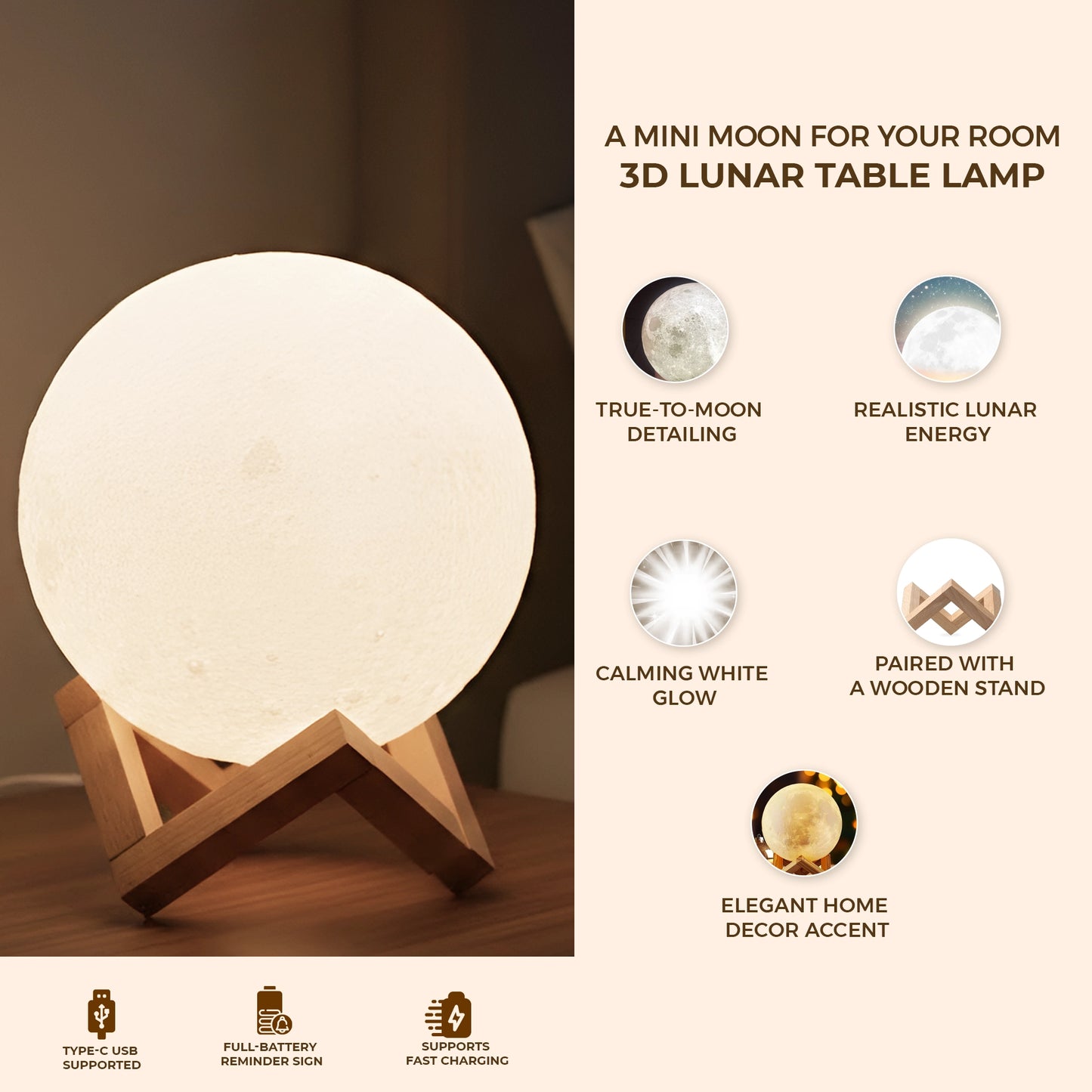 3D Moon Light Table Lamp | USB Rechargeable | White, 20 cm