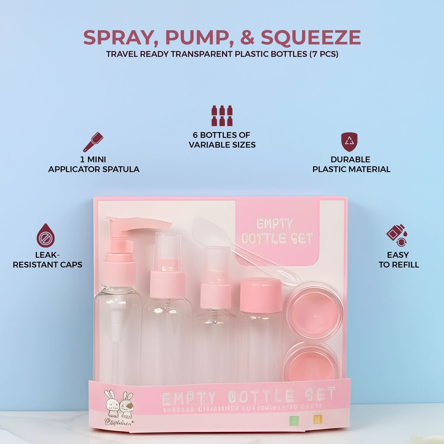 Refillable Leak-Proof Container Bottles Set | Toiletry Essentials Plastic Bottle Kit for Travel | 7 Pcs