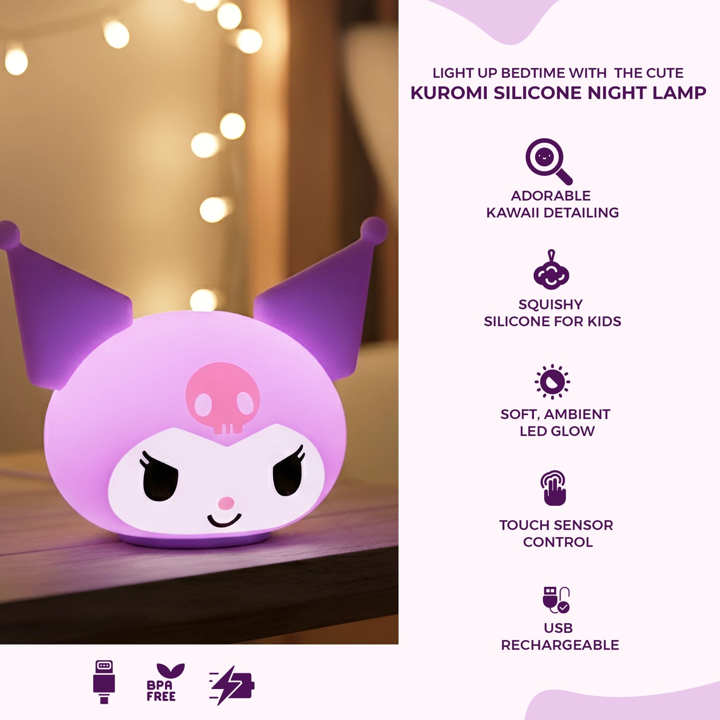 Kuromi Touch Sensor Colour Changing Silicon Night Lamp | Battery Operated Cute Kawaii Squishy Bedside Light