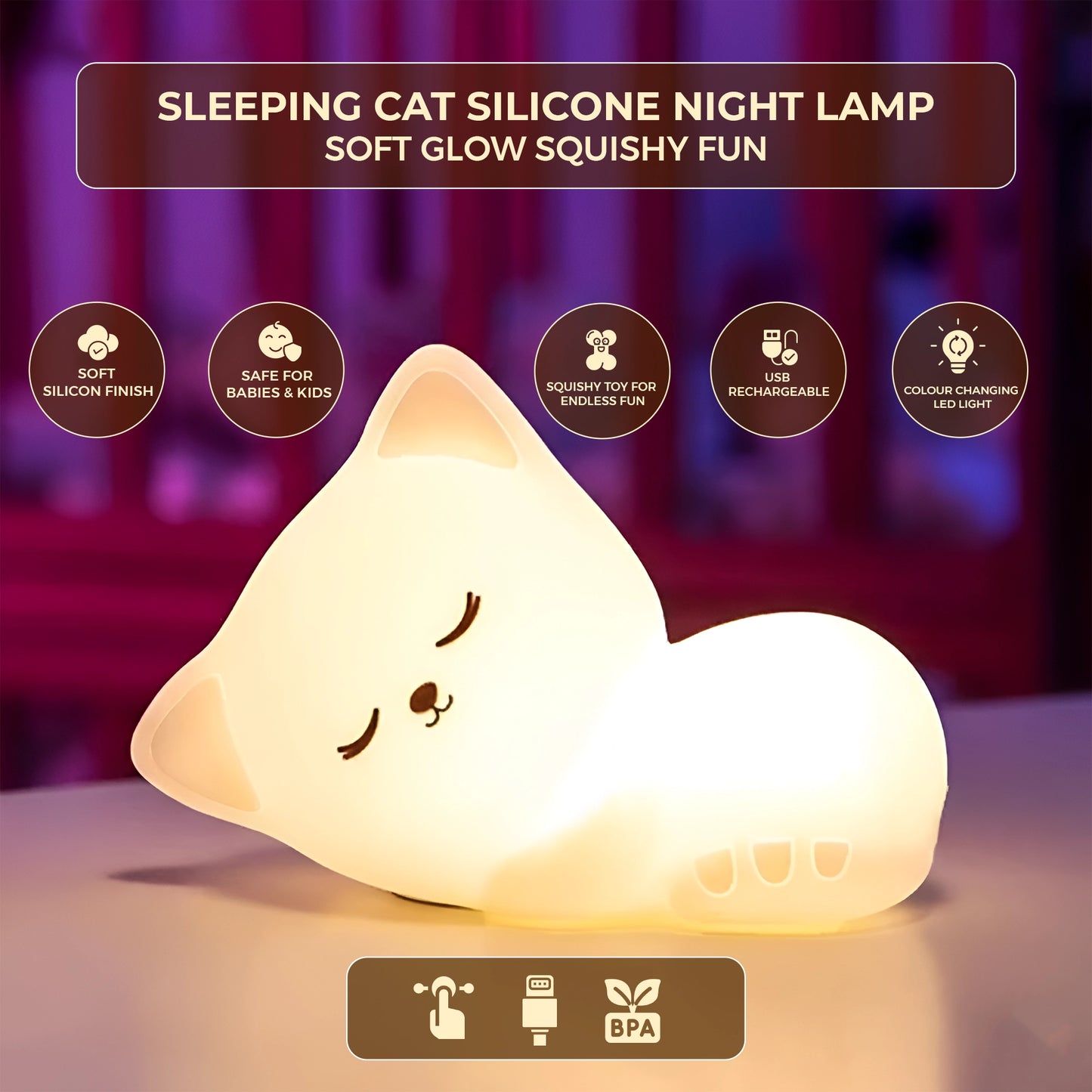 Cute Sleeping Cat Colour Changing Night Lamp | Silicone Squishy LED Light Toy for Kids