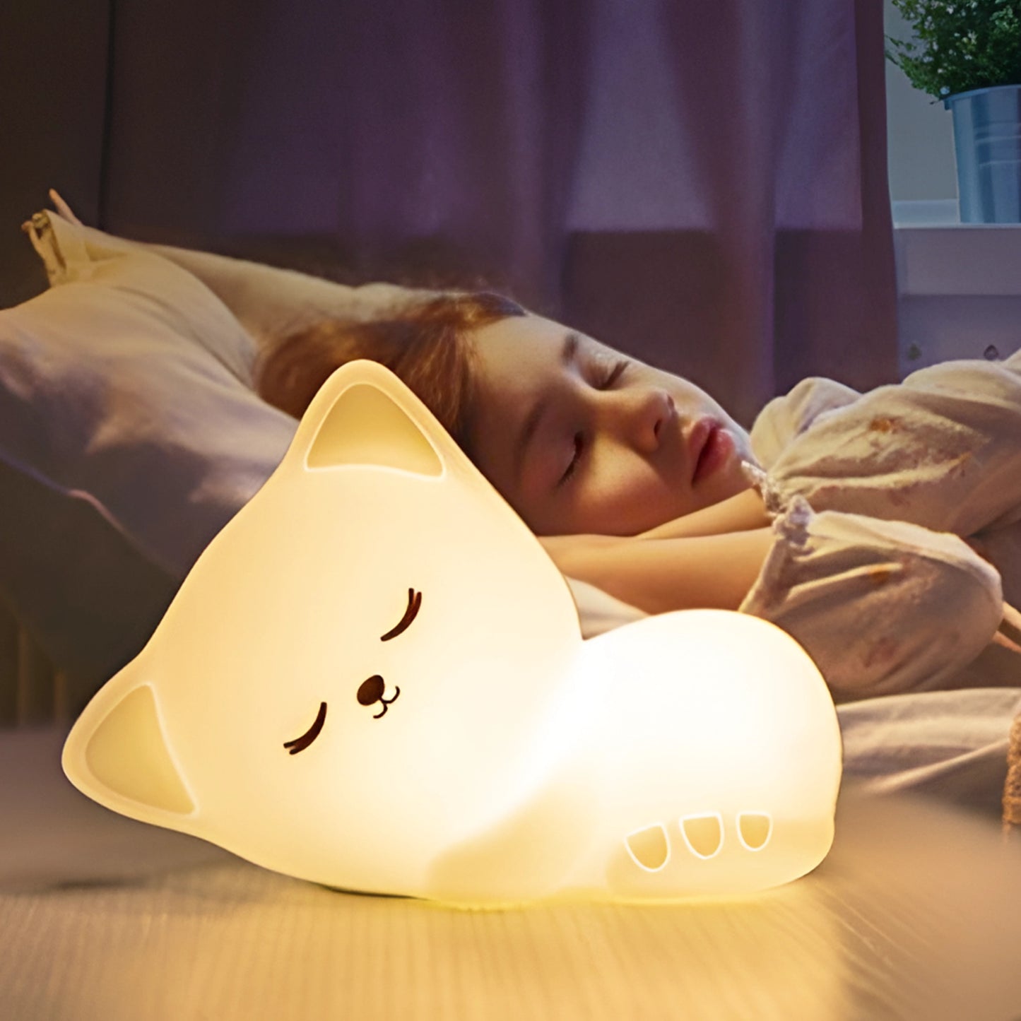 Cute Sleeping Cat Colour Changing Night Lamp | Silicone Squishy LED Light Toy for Kids