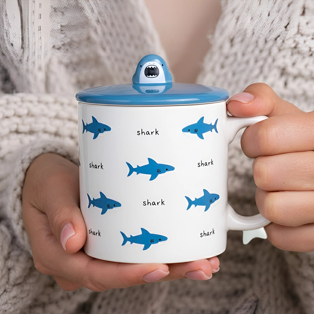 Cute Shark Cartoon Ceramic Coffee Mug with Spoon Lid