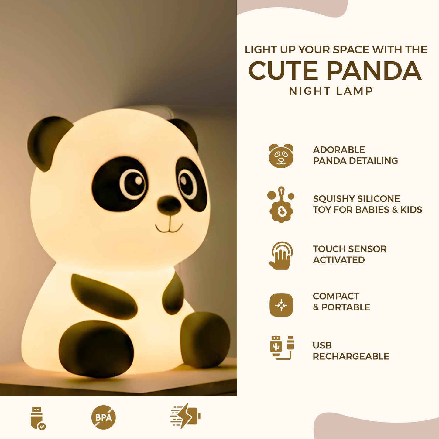 Cute Panda Silicone LED Night Lamp | Squishy Light Toy for Kids with Touch Sensor