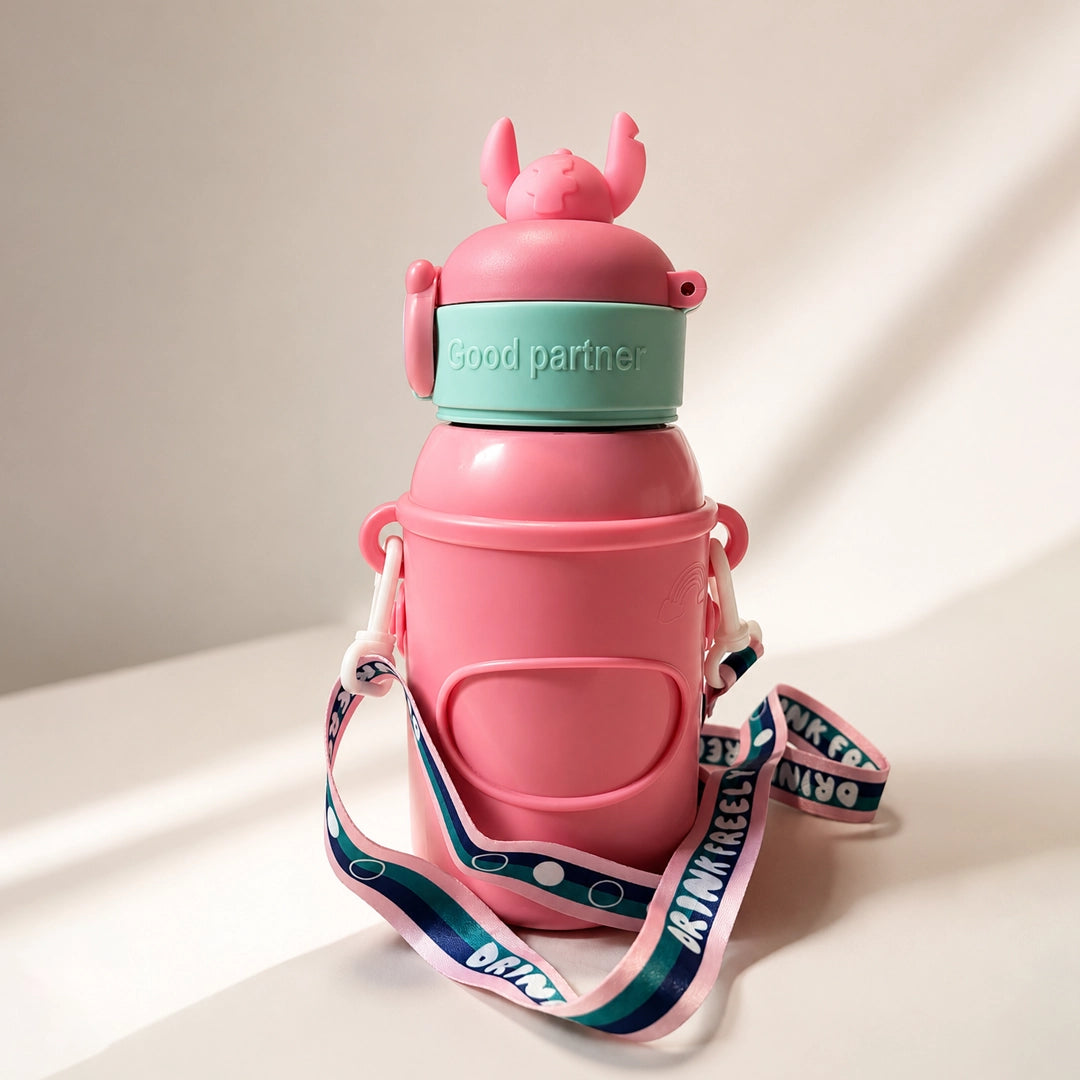 Stitch Sipper Water Bottle | With Name Tag & Strap | for Toddlers & Kids