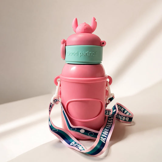 Stitch Sipper Water Bottle | With Name Tag & Strap | for Toddlers & Kids