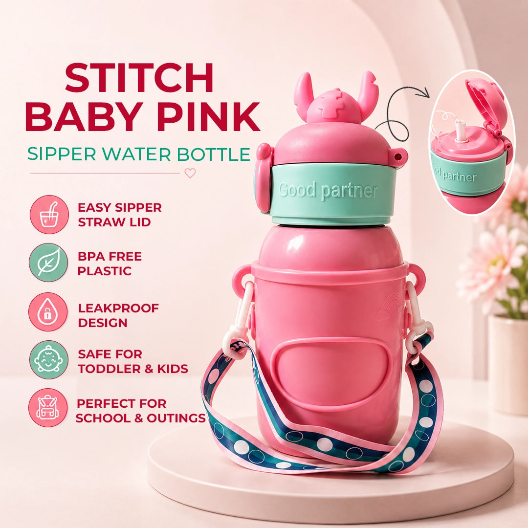 Stitch Sipper Water Bottle | With Name Tag & Strap | for Toddlers & Kids