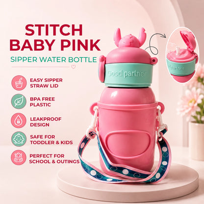 Stitch Sipper Water Bottle | With Name Tag & Strap | for Toddlers & Kids
