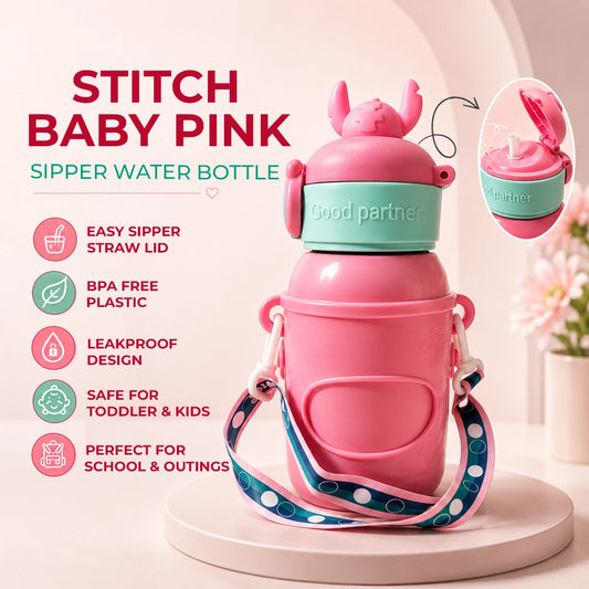 Stitch Sipper Water Bottle | With Name Tag & Strap | for Toddlers & Kids