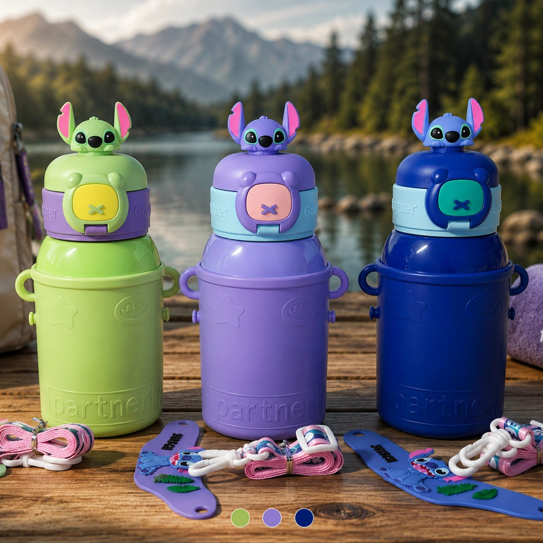 Stitch Sipper Water Bottle | With Name Tag & Strap | for Toddlers & Kids