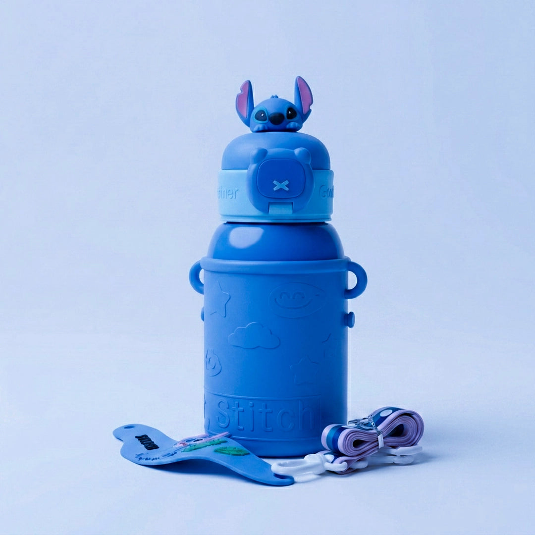 Stitch Sipper Water Bottle | With Name Tag & Strap | for Toddlers & Kids