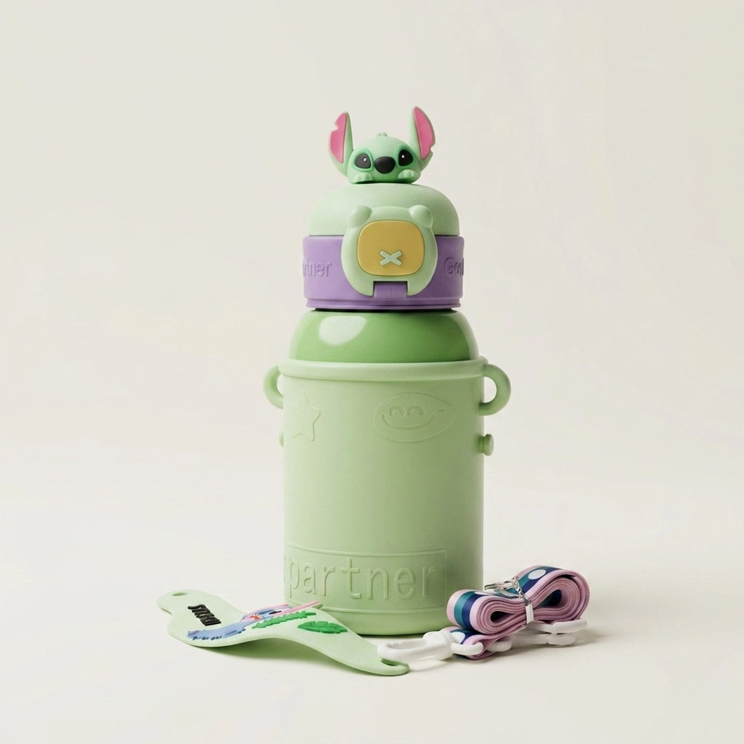 Stitch Sipper Water Bottle | With Name Tag & Strap | for Toddlers & Kids